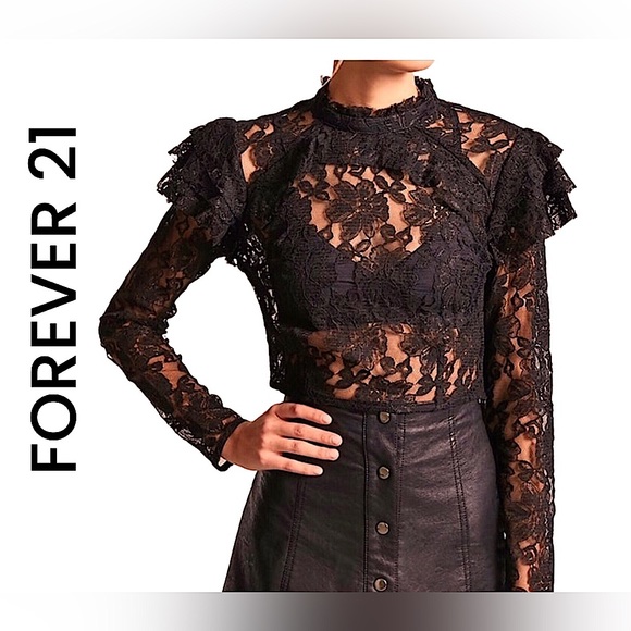 ✨NWT Forever 21 Floral Lace Sheer Black Top Size L - Picture 1 of 2